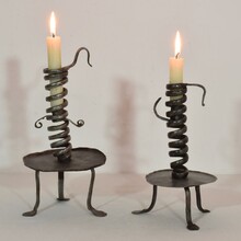 Couple hand forged iron rat de cave candleholders, France 18th century.