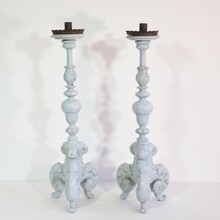 Pair carved wooden baroque candleholders, Italy circa 1650-1750