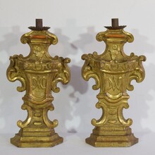 Pair carved giltwood baroque candleholders, Italy circa 1750-1780