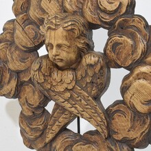Carved oak winged angel head in clouds ornament, France circa 1800-1850