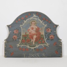 Folk art painted wooden panel with baby Jesus, France 1823