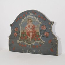 Folk art painted wooden panel with baby Jesus, France 1823