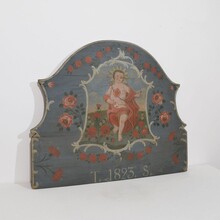 Folk art painted wooden panel with baby Jesus, France 1823