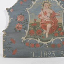 Folk art painted wooden panel with baby Jesus, France 1823