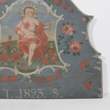 Folk art painted wooden panel with baby Jesus, France 1823