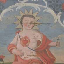 Folk art painted wooden panel with baby Jesus, France 1823