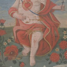 Folk art painted wooden panel with baby Jesus, France 1823