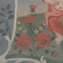 Folk art painted wooden panel with baby Jesus, France 1823