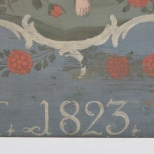 Folk art painted wooden panel with baby Jesus, France 1823