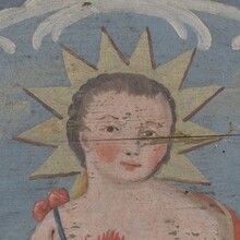 Folk art painted wooden panel with baby Jesus, France 1823