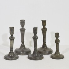 Collection of 5 pewter candleholders, France circa 1750-1850