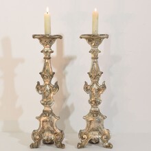 Couple baroque carved wooden and silvered candlesticks, Italy circa 1750-1800