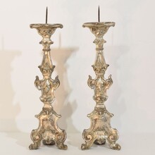 Couple baroque carved wooden and silvered candlesticks, Italy circa 1750-1800