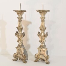 Couple baroque carved wooden and silvered candlesticks, Italy circa 1750-1800