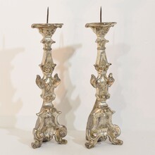 Couple baroque carved wooden and silvered candlesticks, Italy circa 1750-1800