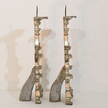 Couple baroque carved wooden and silvered candlesticks, Italy circa 1750-1800