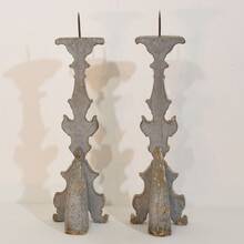 Couple baroque carved wooden and silvered candlesticks, Italy circa 1750-1800