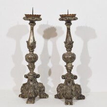 Couple baroque carved wooden candleholders, Italy circa 1750-1800