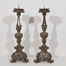 Couple baroque carved wooden candleholders, Italy circa 1750-1800
