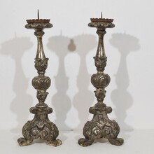 Couple baroque carved wooden candleholders, Italy circa 1750-1800