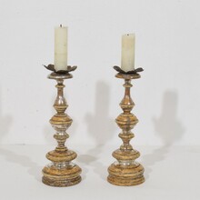 Couple neoclassical silvered wooden candleholders, Italy circa 1750-1800