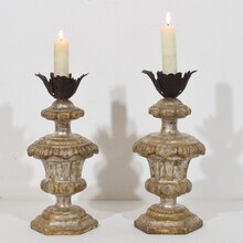 Couple neoclassical silvered wooden candlesticks, Italy circa 1760-1800