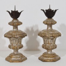 Couple neoclassical silvered wooden candlesticks, Italy circa 1760-1800