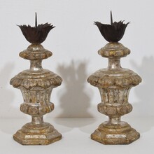 Couple neoclassical silvered wooden candlesticks, Italy circa 1760-1800