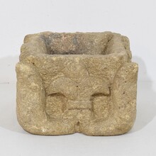 Gothic hand carved stone mortar with coat of arms, France circa 1550-1600
