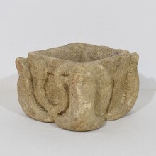 Gothic hand carved stone mortar with coat of arms, France circa 1550-1600