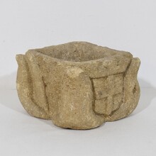 Gothic hand carved stone mortar with coat of arms, France circa 1550-1600