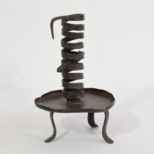 Hand forged iron rat de cave candleholder, France 18th century.