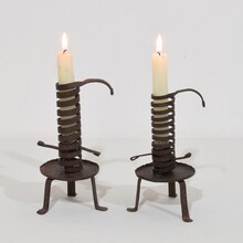 Couple forged iron rat de cave candleholders, France early 20th century