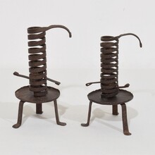 Couple forged iron rat de cave candleholders, France early 20th century