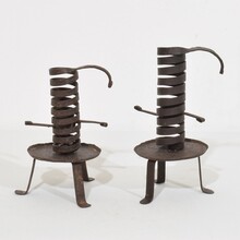 Couple forged iron rat de cave candleholders, France early 20th century