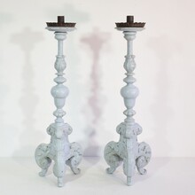 Pair carved wooden baroque candleholders, Italy circa 1650-1750