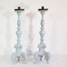 Pair carved wooden baroque candleholders, Italy circa 1650-1750