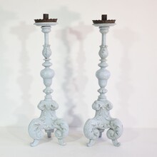 Pair carved wooden baroque candleholders, Italy circa 1650-1750