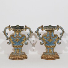 Pair baroque carved wooden candleholders, Italy circa 1700-1750