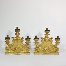 Pair carved giltwood baroque candleholders, Italy circa 1750-1780