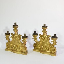 Pair carved giltwood baroque candleholders, Italy circa 1750-1780