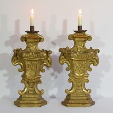 Pair carved giltwood baroque candleholders, Italy circa 1750-1780