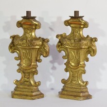 Pair carved giltwood baroque candleholders, Italy circa 1750-1780