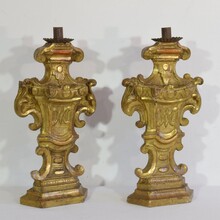 Pair carved giltwood baroque candleholders, Italy circa 1750-1780