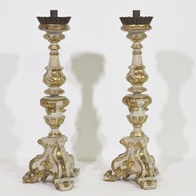 Pair carved wooden baroque candleholders, Italy circa 1750-1780