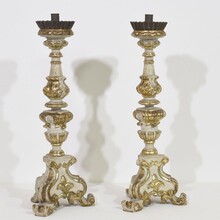 Pair carved wooden baroque candleholders, Italy circa 1750-1780