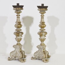 Pair carved wooden baroque candleholders, Italy circa 1750-1780