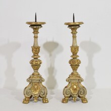 Pair carved wooden baroque candleholders, Italy circa 1750-1780