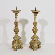 Pair carved wooden baroque candleholders, Italy circa 1750-1780