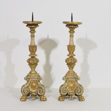 Pair carved wooden baroque candleholders, Italy circa 1750-1780